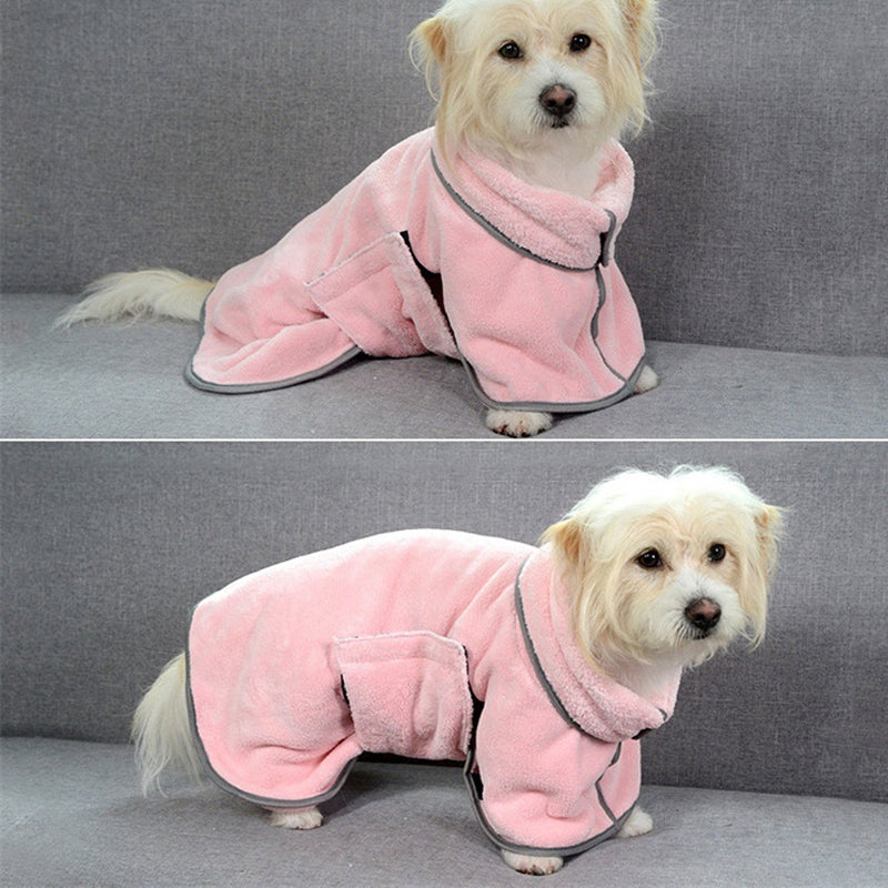 Side view of a dog wearing the bathrobe towel