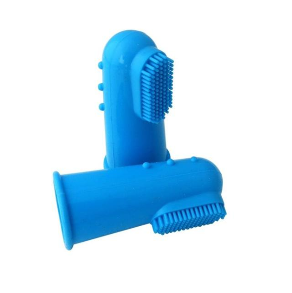 Blue silicone pet finger toothbrush, two views