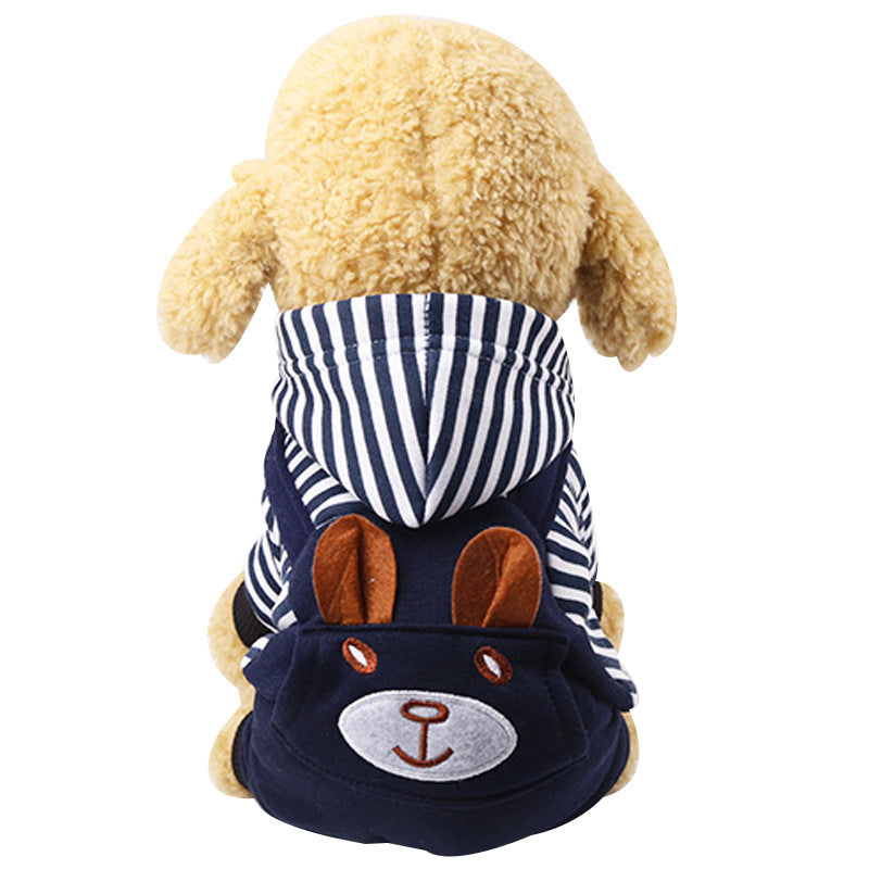 Dog in the striped bear overalls, back view