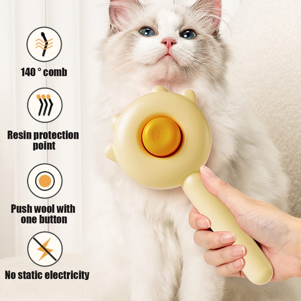 Self-cleaning slicker brush in yellow being used on a fluffy cat