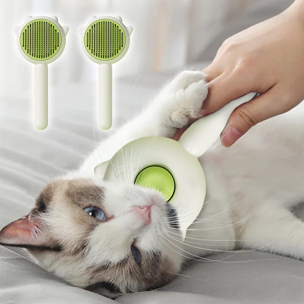 Green self-cleaning slicker brush grooming a cat