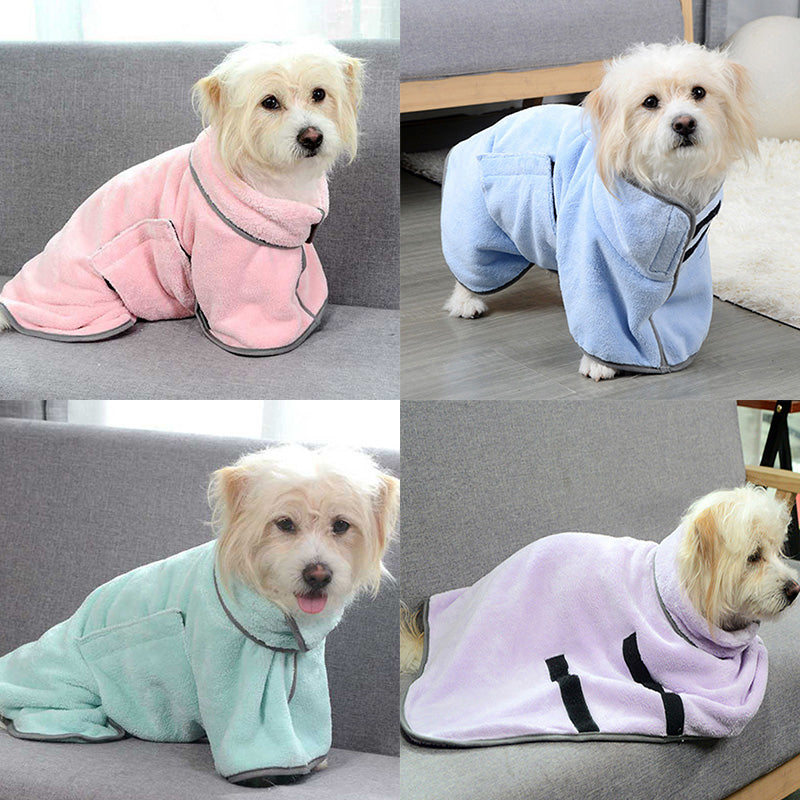 Dog bathrobe towel in different colours on a small dog