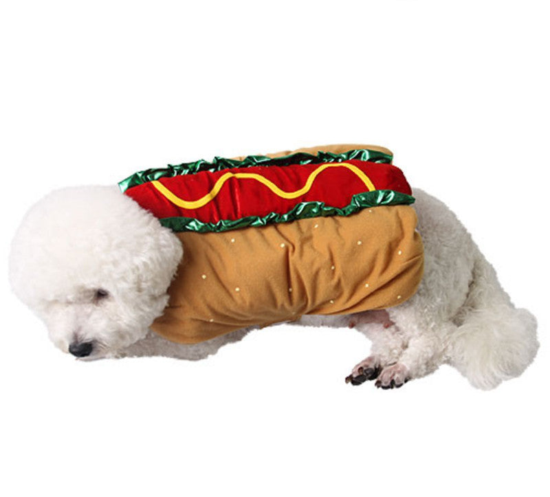 Small white dog in the hot dog costume