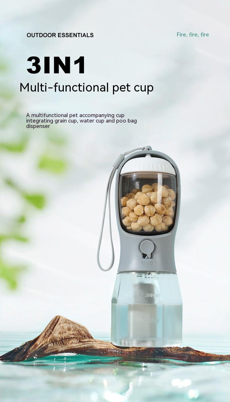 3-in-1 dog water bottle with treats in the food section