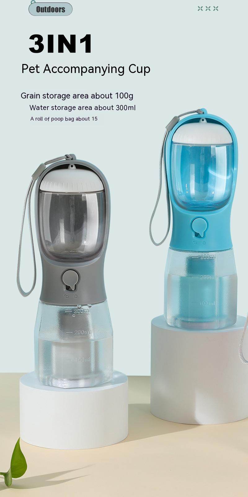 3-in-1 dog water bottles showing the water, food and poop bag sections