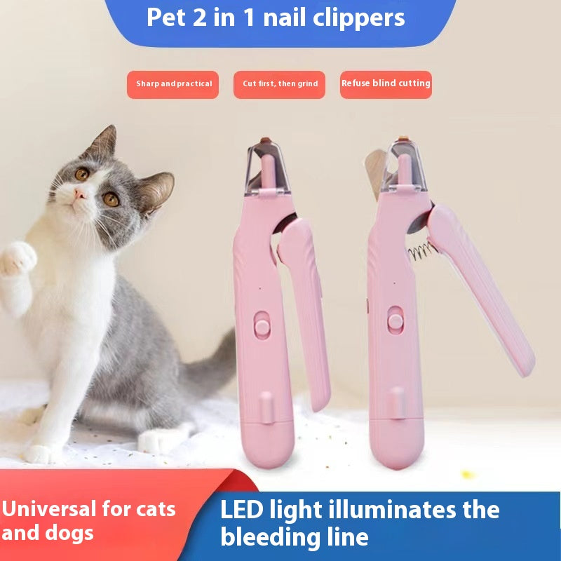 Pet nail clipper with LED light shown with a cat