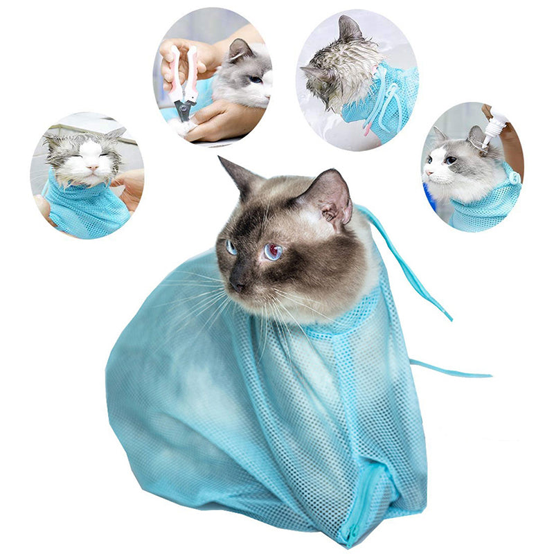 Cat resting in a blue mesh grooming bag with its head out