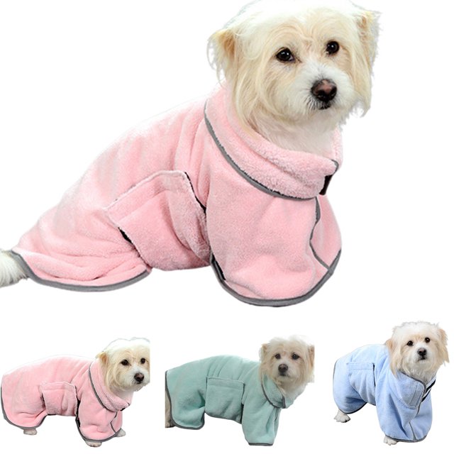 Dog bathrobe towel style (shown in several colours; we sell blue)