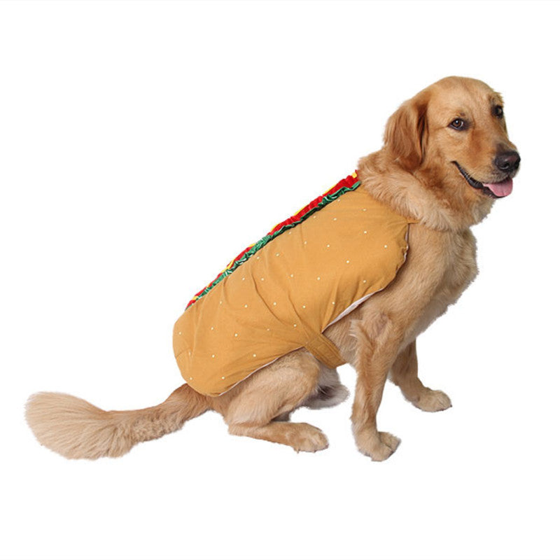 Dog sitting in the hot dog costume