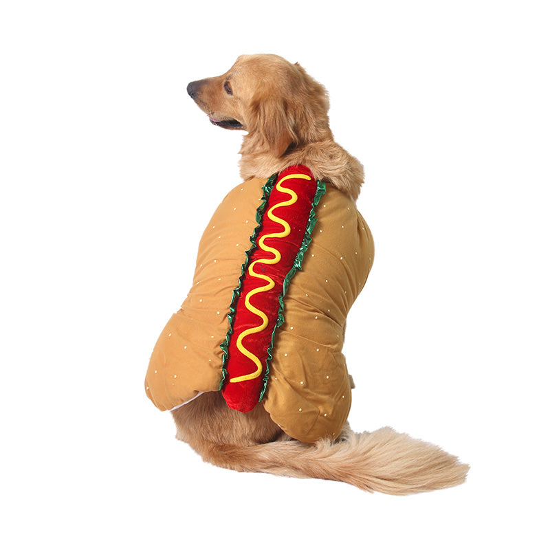 Golden retriever in a hot dog costume, back view