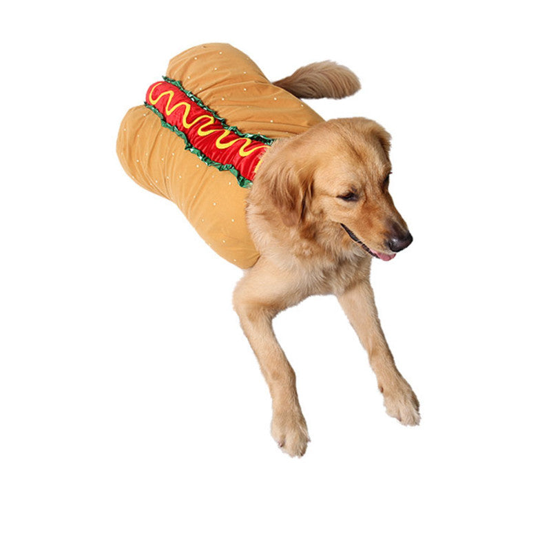 Dog walking in the hot dog costume