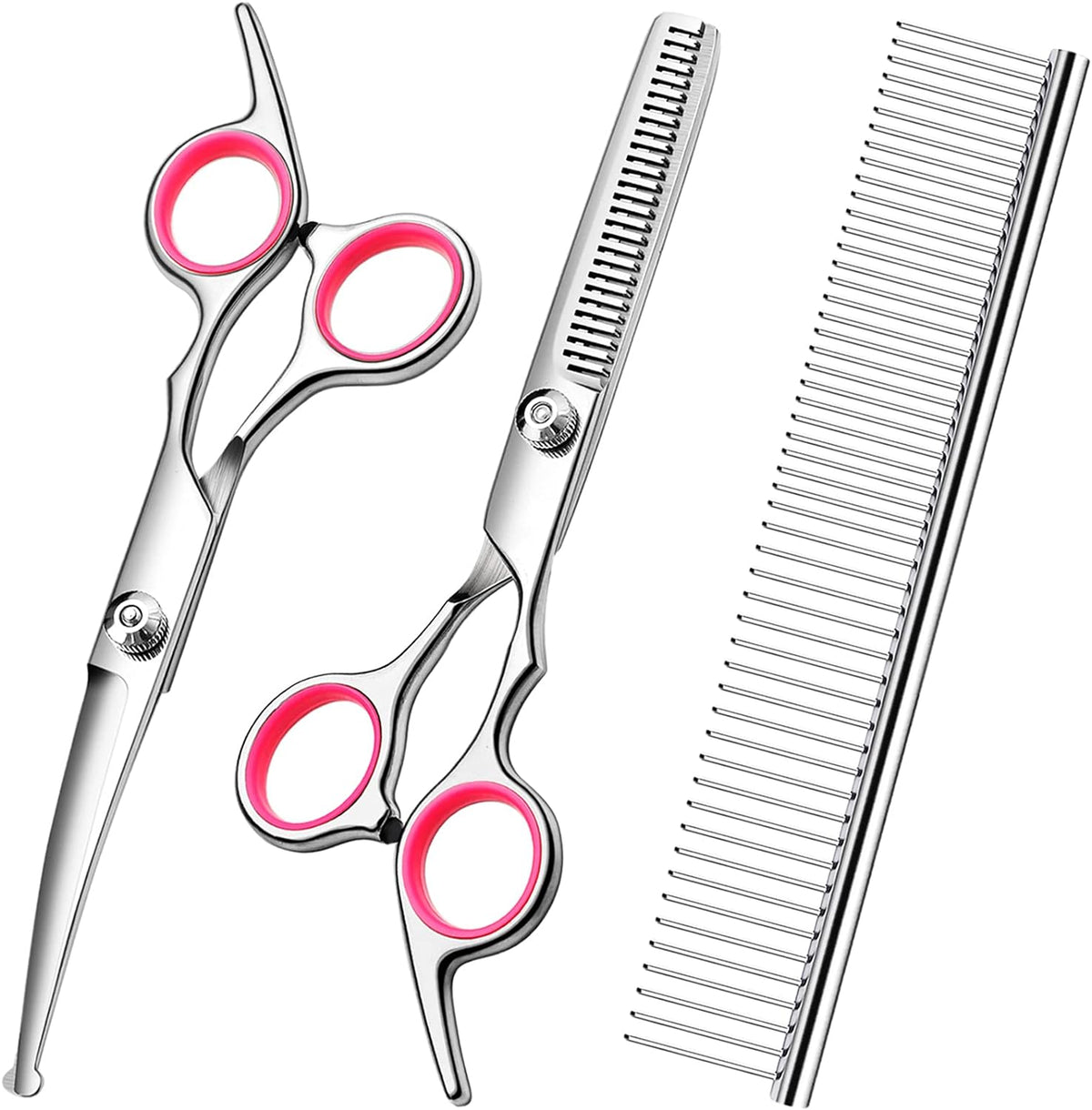 Pet grooming scissors kit with pink rings: straight scissors, thinning shears and steel comb