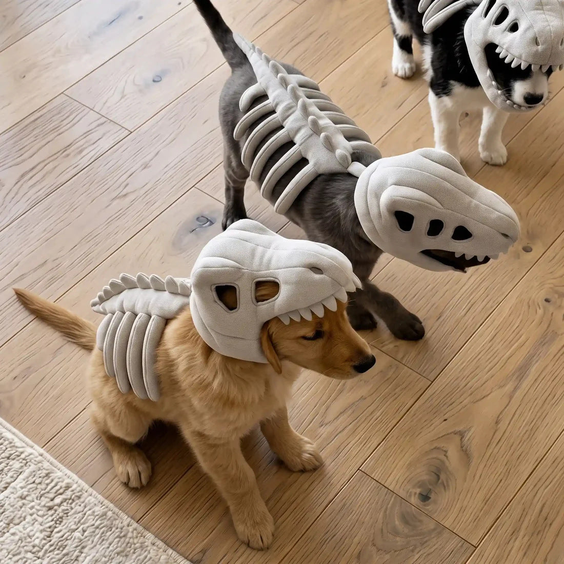 Dog and cat wearing dinosaur skeleton costumes