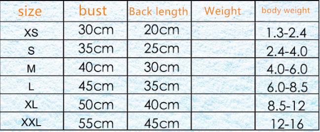 Size chart: chest and back length by size