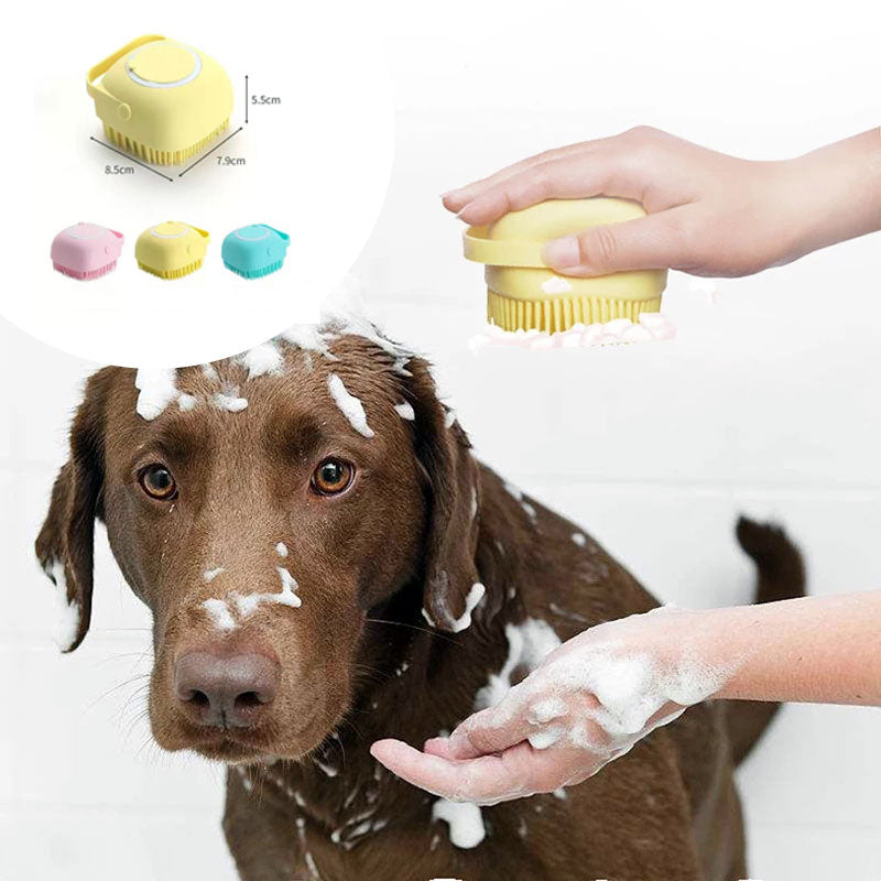 Lathering a dog with the silicone bath brush